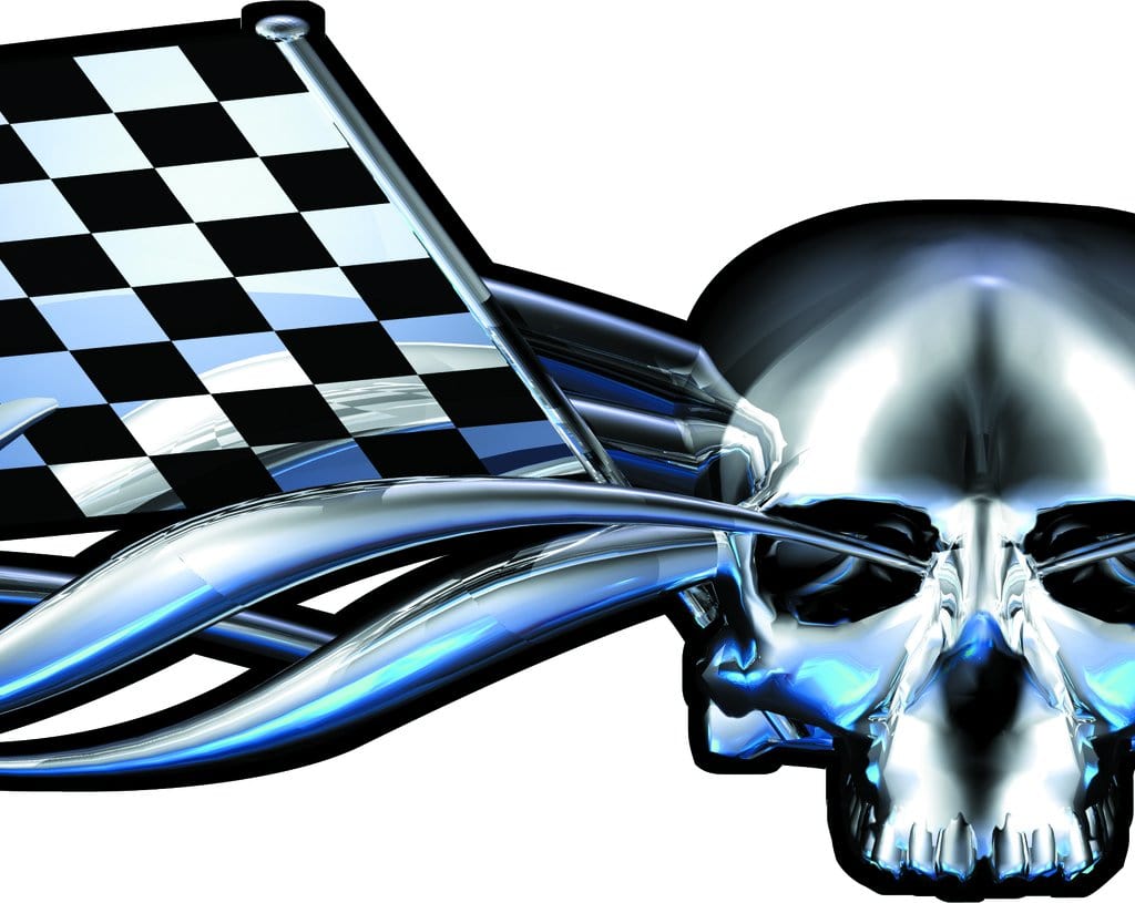 chrome skull and and checkers decal closeup view